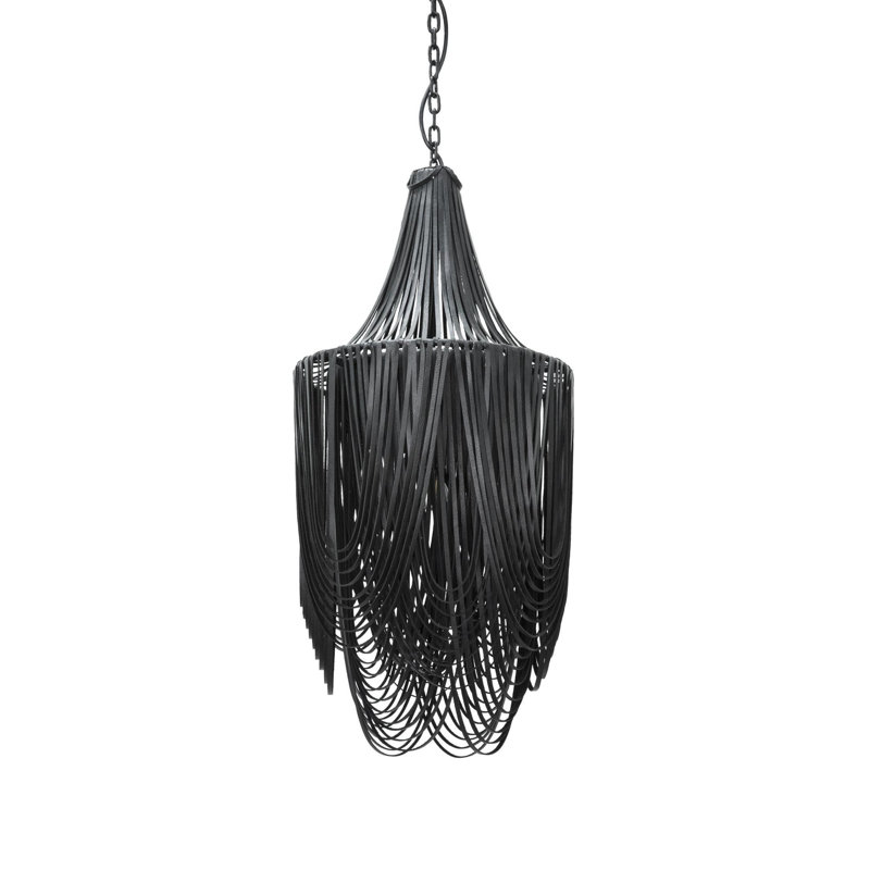 Small Leather Fringe Chandelier w/ Crown, Black