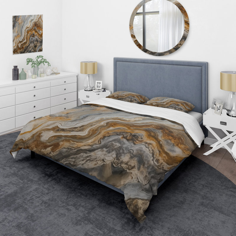Ensemble de housse de couette doré et gris A Marble Effect II Bedding, Housse de couette pour très grand lit et 2 très