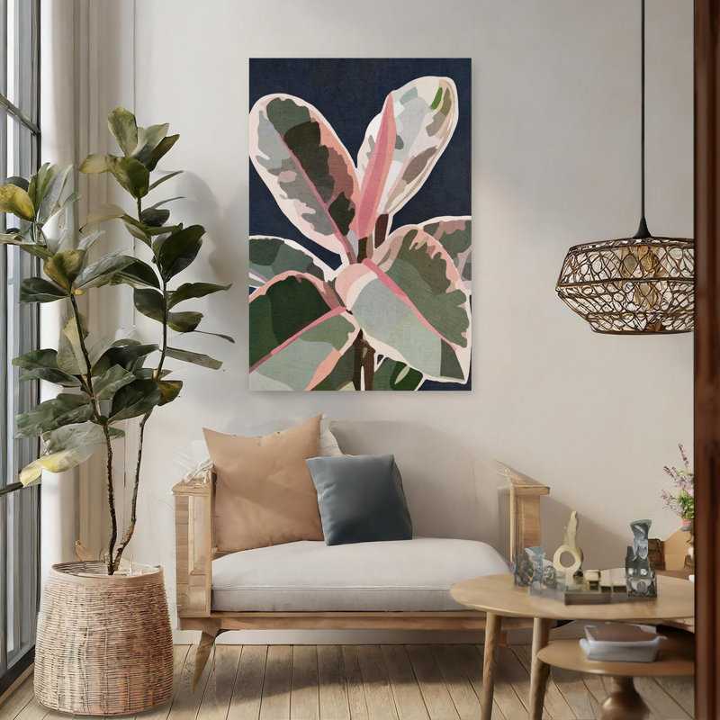 Bleu marine et rose plante abstraite contemporaine élégante rose nature plante murale, H 48 po x l 32 po