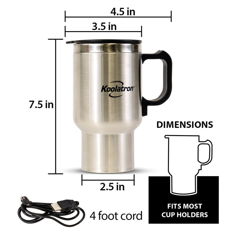 Tasse de voyage isotherme USB chauffée par USB Koolatron 12V, 17 oz, acier inoxydable, Argent