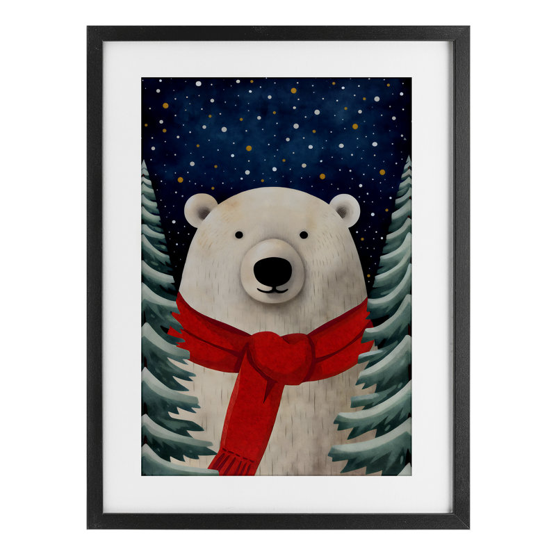 Merry Bear, foulard avec foulard, impression sous verre, H 20 po x l 14 po, Cadre noir minuit