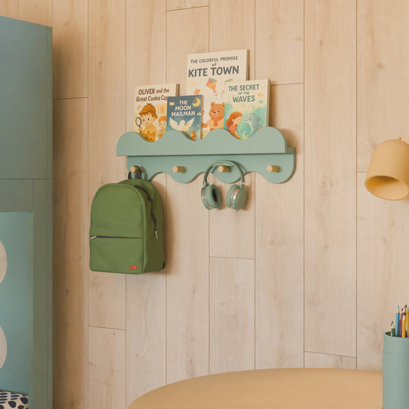 Lido Wave Bookshelf with Hooks, Light Sage/Honey