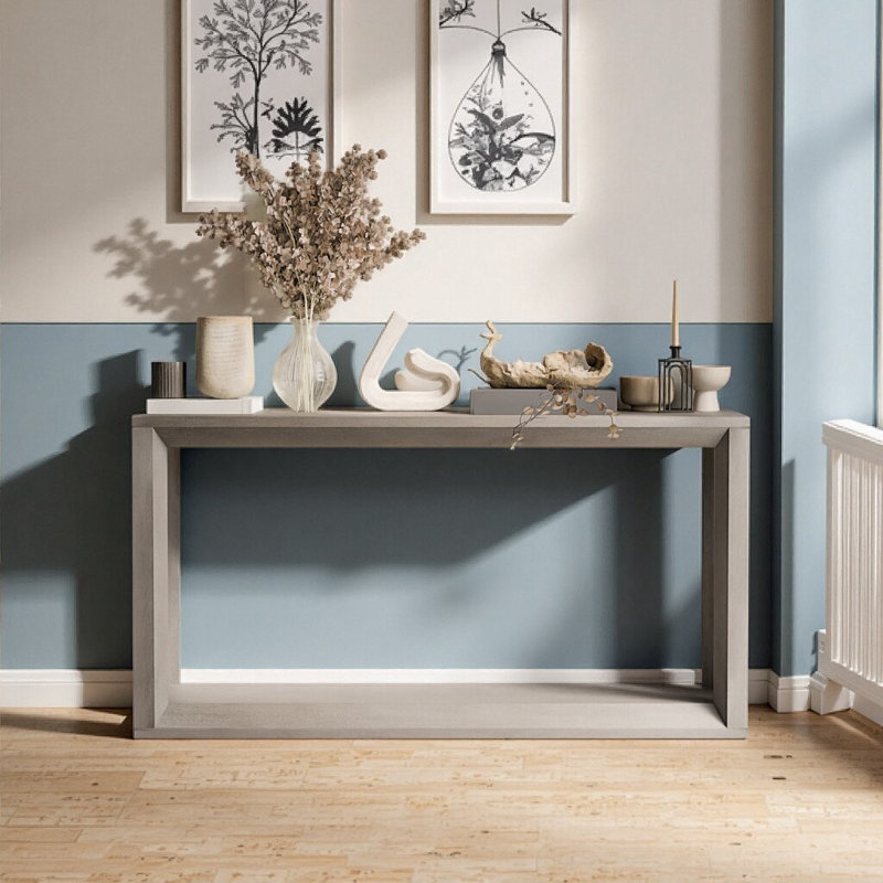 Console 60 po en placage de bois massif gris vieilli, canapé large et table d'entrée avec rangement ouvert, Gris