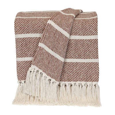 Jeté rayé en coton tissé orange brûlé