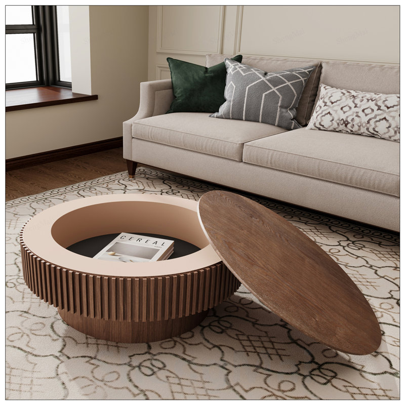 Table basse ronde avec rangement, placage en bois massif, décor moderne pour le salon, la chambre à coucher ou le bureau