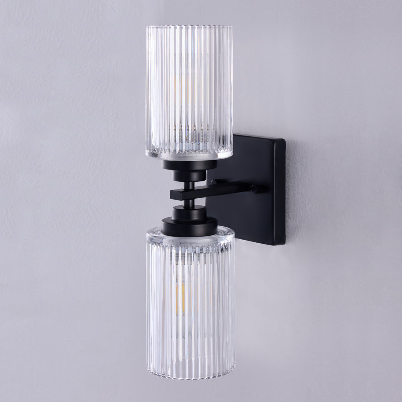 Applique murale à bras 2 lumières avec abat-jour en verre nervuré