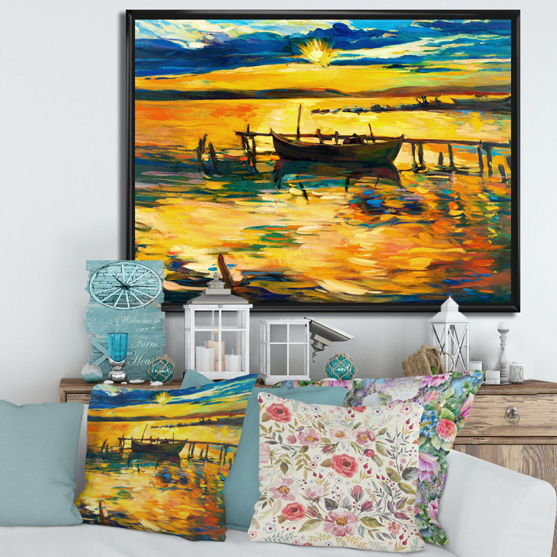 «Boat Pendant Evening Glow At The Lake VI», peinture sur toile, H 16 po x l 32 po x p 1 po, Cadre flottant noir