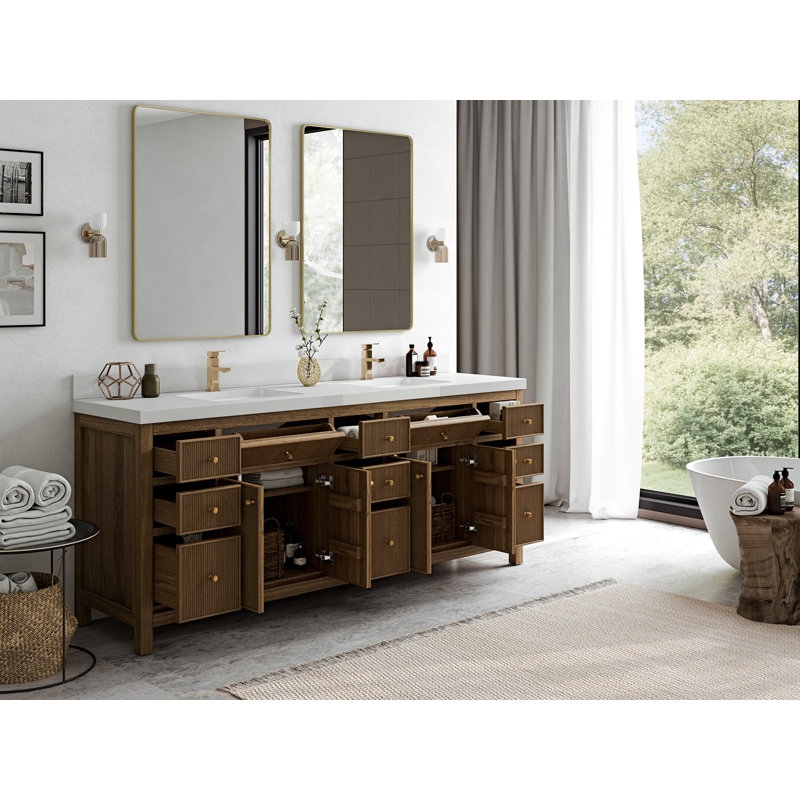 84'' Dark Natural Teak Double Sink Bathroom Vanity with Quartz Top