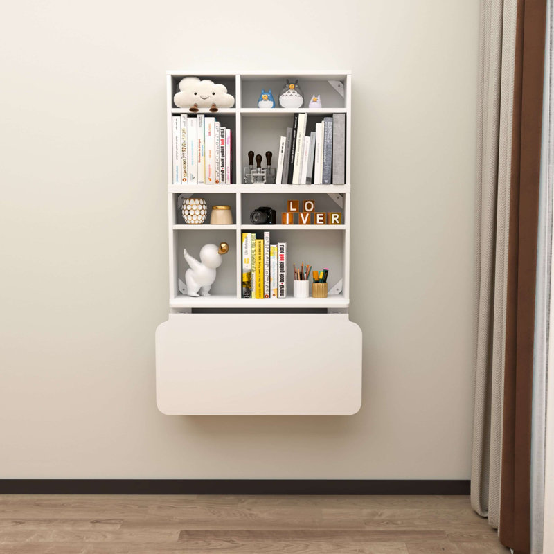 Floating Desk, Wall Mounted Table, White Wood Modular Bookcase with Fold Down Workstation, White