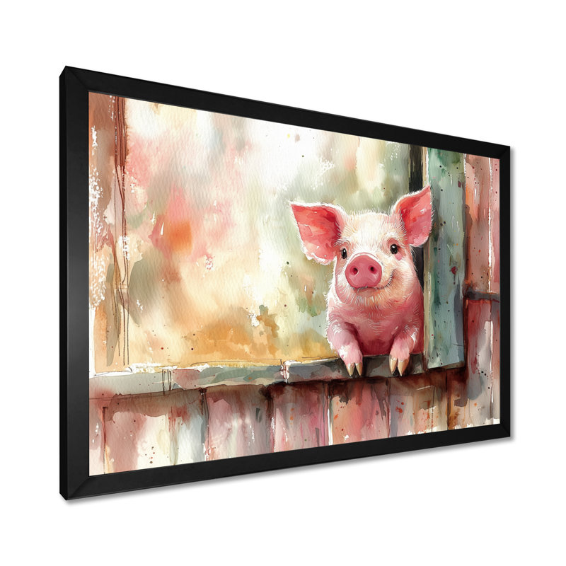 «Cute Pig Portrait At The Barn I» - animaux, art mural, 34'' H x 44'' W, Cadre simple noir