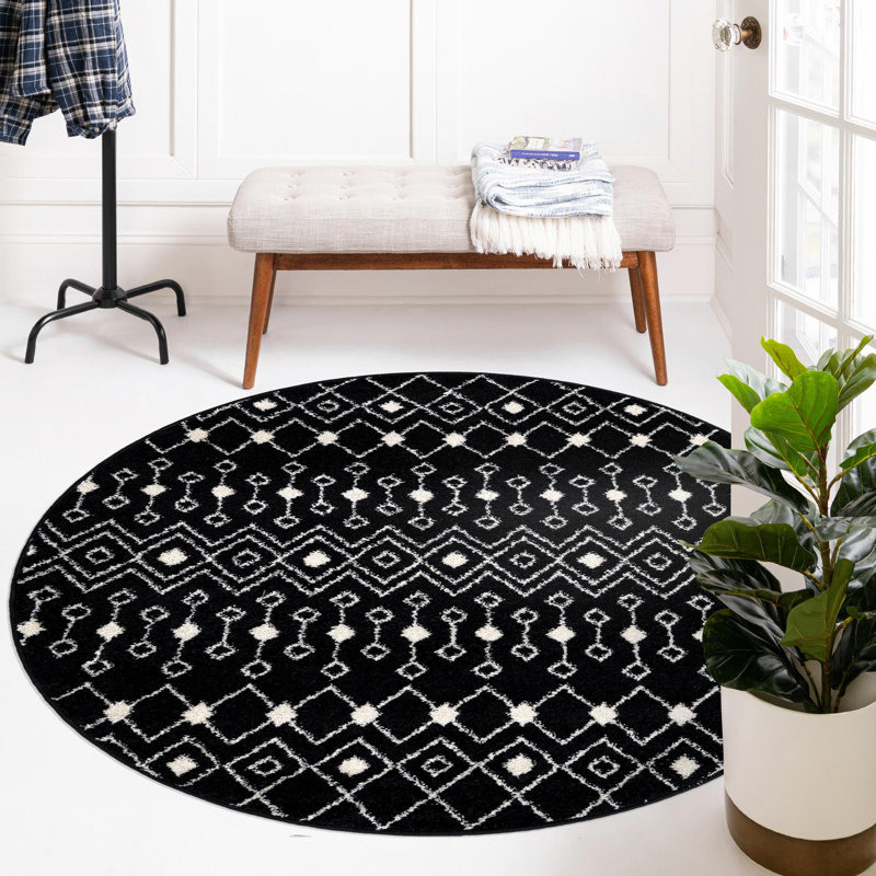 Tapis noir / blanc en polypropylène tissé à la machine Briehn, Rond 6 pi