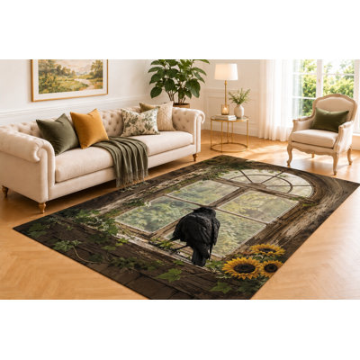 Tapis de fenêtre « Ultra léger » 152 x 213 cm (5' x 7') à motif de rose violette et d'arche cathédrale, revêtement de sol imprimé lisse pour chambre, salon, bureau et décoration intérieure de style victorien