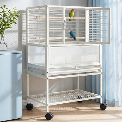 Spacious White 3-in-1 Bird Aviary on Casters – Large Flight Cage & Stand for Parakeets, Conures & Cockatiels