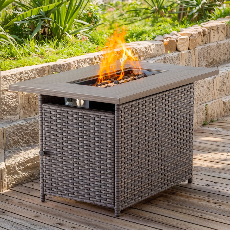 41" Wicker Outdoor Patio 50,000 BTU Propane Gas Fire Pit Table With Glass Wind Guard , Brown