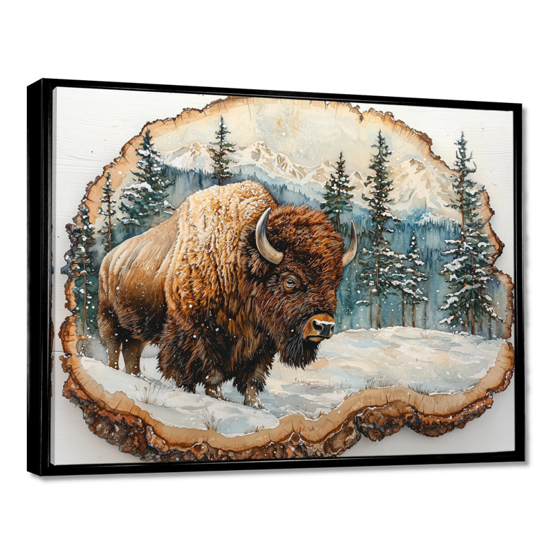 Bison américain dans une glissade en bois, paysage de forêt II - Bison, art mural, H 24 po x l 32 po, Avec cadre, Noir