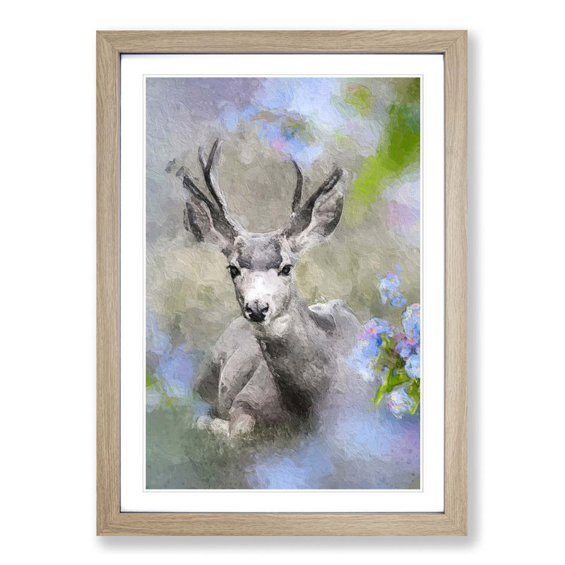 Resting Deer - Picture Frame Painting Print, 65cm H x 48cm W x 2cm D, Oak Framed