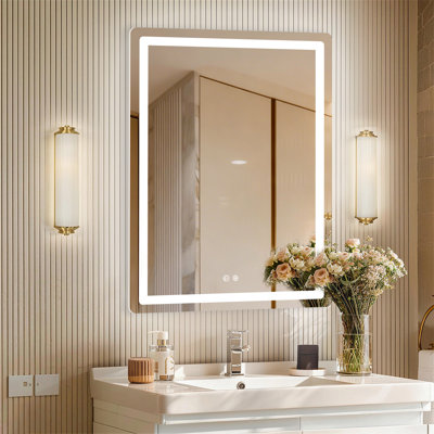 Miroir de salle de bain 24 po x 28 po avec lumières, miroir de maquillage avec éclairage avant et rétroéclairé, antibuée, 3 couleurs et lumière à intensité variable