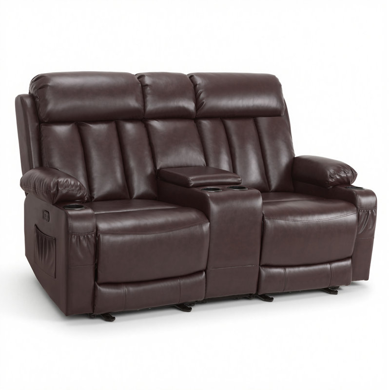 Causeuse électrique inclinable avec chaleur et massage, ports USB, porte-gobelets, similicuir, Brun foncé