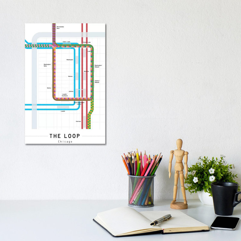 «Chicago Loop Map» par Project Subway NYC - reproduction de dessin sur toile tendue, H 12 po x l 8 po x P 0,75 po