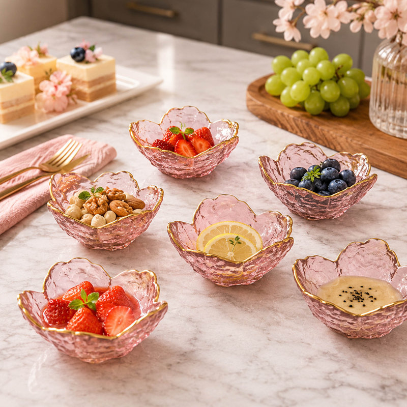 Ensemble de 6 bols à tremper en verre fleur de cerisier rose avec bordure dorée