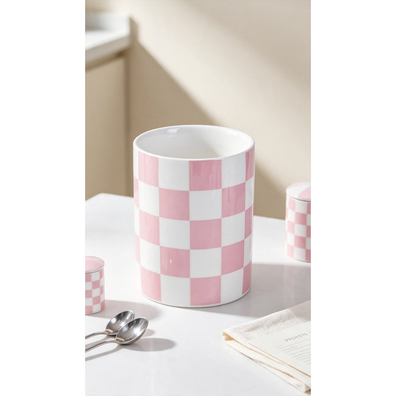 Porte-ustensiles de cuisine en céramique à carreaux pour comptoir, pot à ustensiles de cuisine rétro de style campagnard, organisateur de cuisine robuste et rangement polyvalent, cadeau de pendaison de crémaillère et accessoire de décoration intérieure