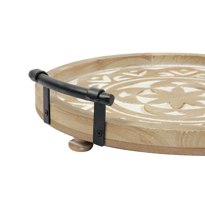 16 Inches Large Round Ottoman Tray, Rustic Handicraft Wood Tray With Handles