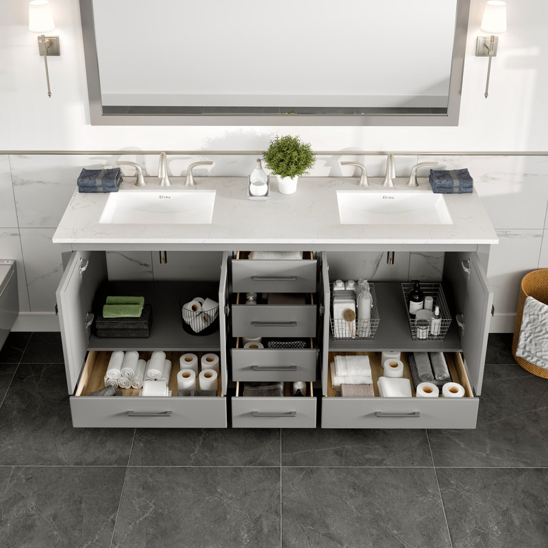 Meuble-lavabo à double cuve gris l 72 po x P 22 po avec comptoir en quartz de Carrare blanc et lavabos en porcelaine encastrable