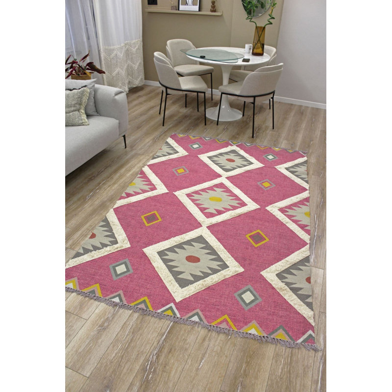 Kilim rustique fuchsia rustique géométrique lavable à la machine