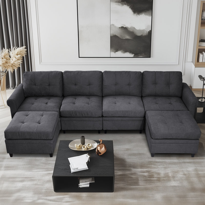 Canapé modulaire rembourré en U avec rangement et chaises réversibles de 115 po Winston Porter, Tissu noir