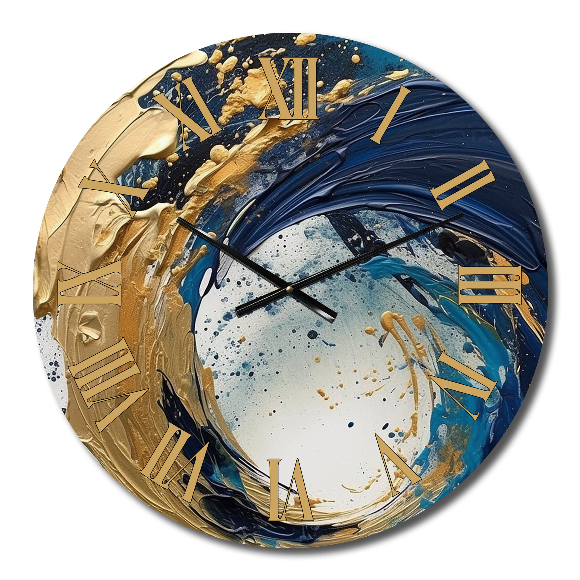 Design Art Dark Blue And Gold Strokes VI Metal Wall Clock | Wayfair