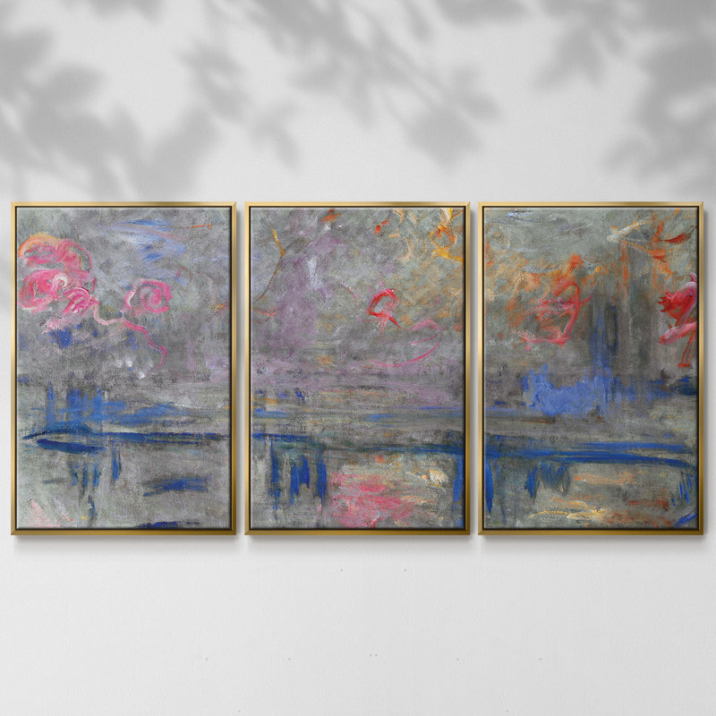 Monet - 3 pièces, reproduction encadrée sur toile, Or, H 36 po x l 75 po x P 2 po