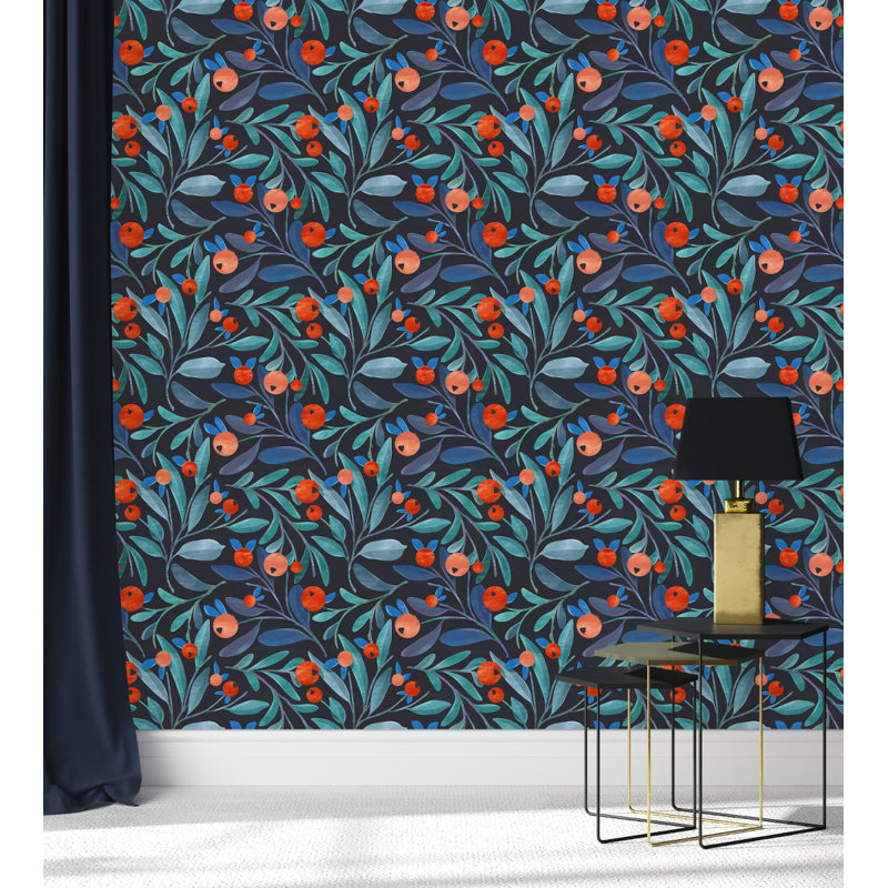 Papier peint feuilles bleues avec baies, L 124,8 po x l 25 po