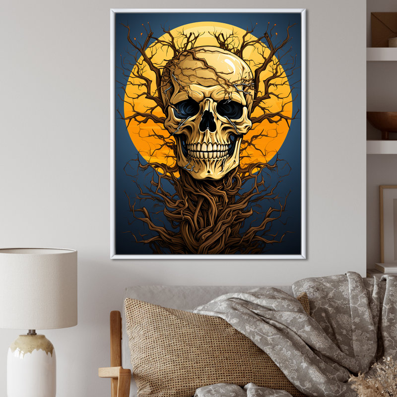 «Happy Full Moon Skull» souriant, reproduction sur toile, Cadre flottant blanc, H 20 po x l 12 po x P 1 po