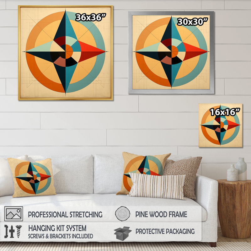 «Midcentury Compass», abstrait géométrique rétro sur toile, H 16 po x l 16 po x P 1 po, Cadre simple argenté