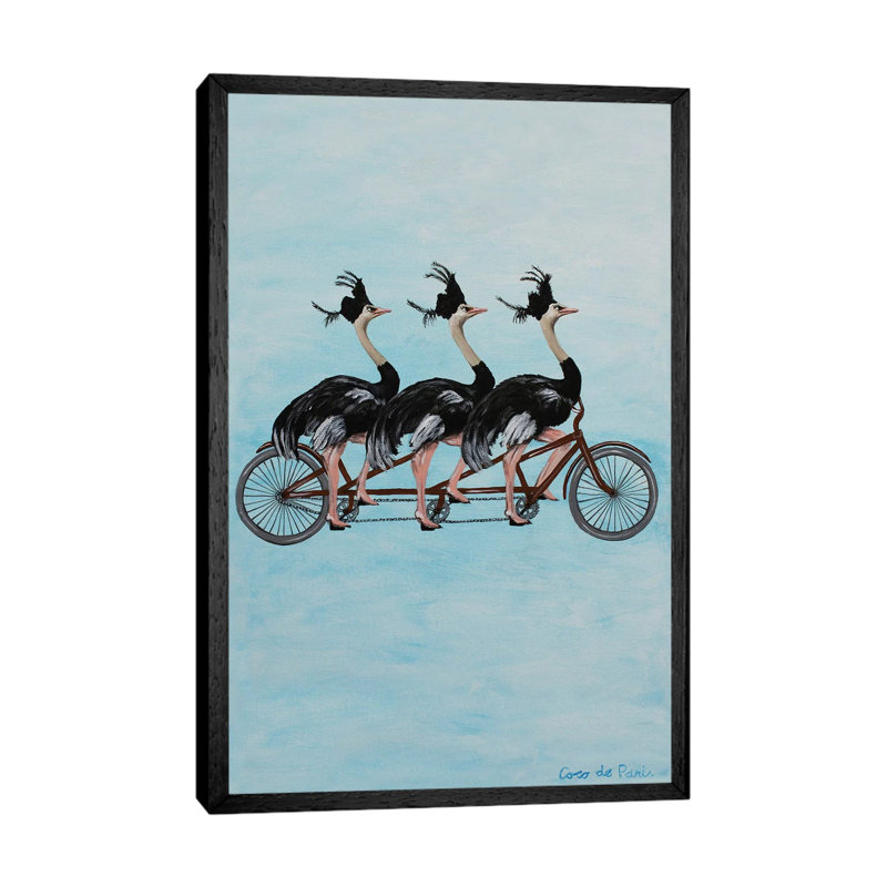 Ostriches On Bicycle by Coco De Paris - Print on Canvas, 66.04cm H x 20.32cm W x 3.81cm D, Black Framed Canvas