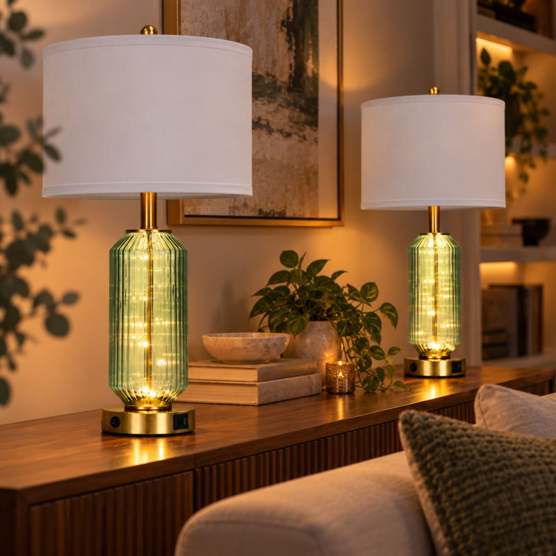 Lampe de chevet en verre de 65 cm (25,5 pouces) avec veilleuse inspirée des lucioles, ports de chargement USB-A et Type-C et ampoules DEL