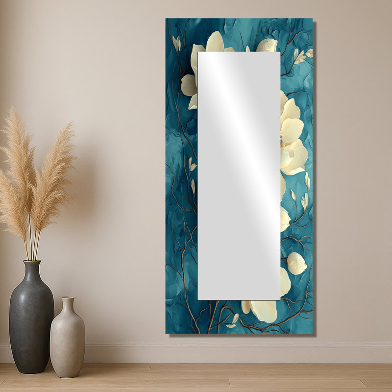 «Garden of Magnolias On Agate River II», art mural miroir floral imprimé sur métal, 28 po x 60 po