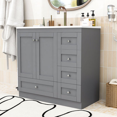 Meuble-lavabo autoportant simple en bois avec comptoir d'évier, portes à fermeture douce et rangement Callahand