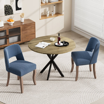 31in Round Dining Table Set with 2/4 Fabric Chairs, Rustic Brown MDF Top, Industrial Farmhouse Style for Small Spaces