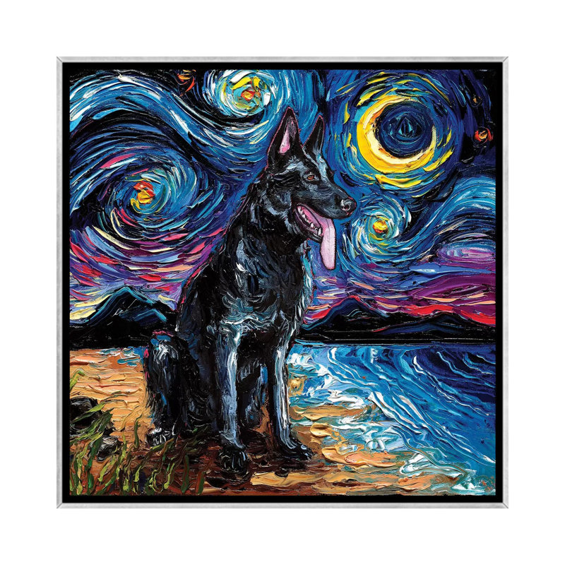 «Black German Shepherd Night» par Aja Treves - reproduction d'art, H 26 po x l 26 po x P 1,5 po, Toile avec cadre argenté