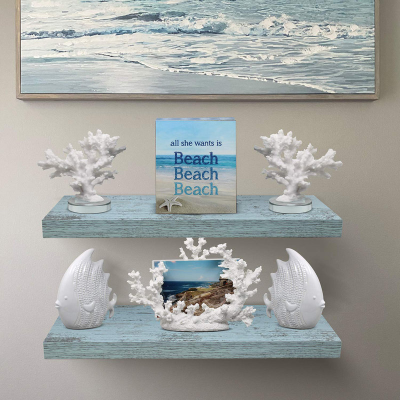 Rustic Coastal Blue Distressed Wood Floating Wall Shelf Set