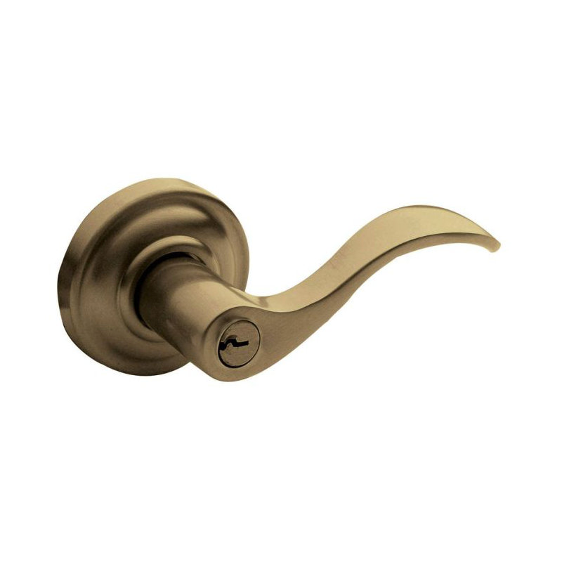 Wave Keyed (Entry) Door Lever with Rosette, Satin Brass & Black, 6.9" H x 6.8" W x 3.9" D, Right