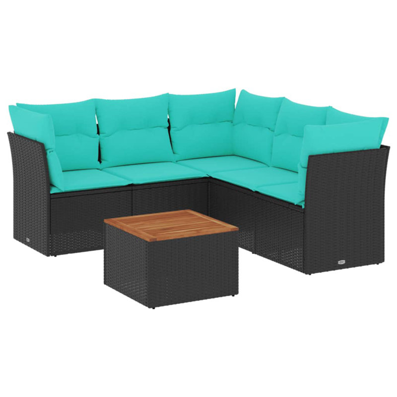Ensemble de canapés de patio 6 pièces avec coussins en rotin noir, Coussin bleu / cadre noir