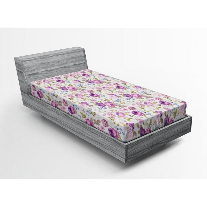 Microfiber Floral Fitted Sheet, Twin Fitted Sheet, Purple/White Floral 14