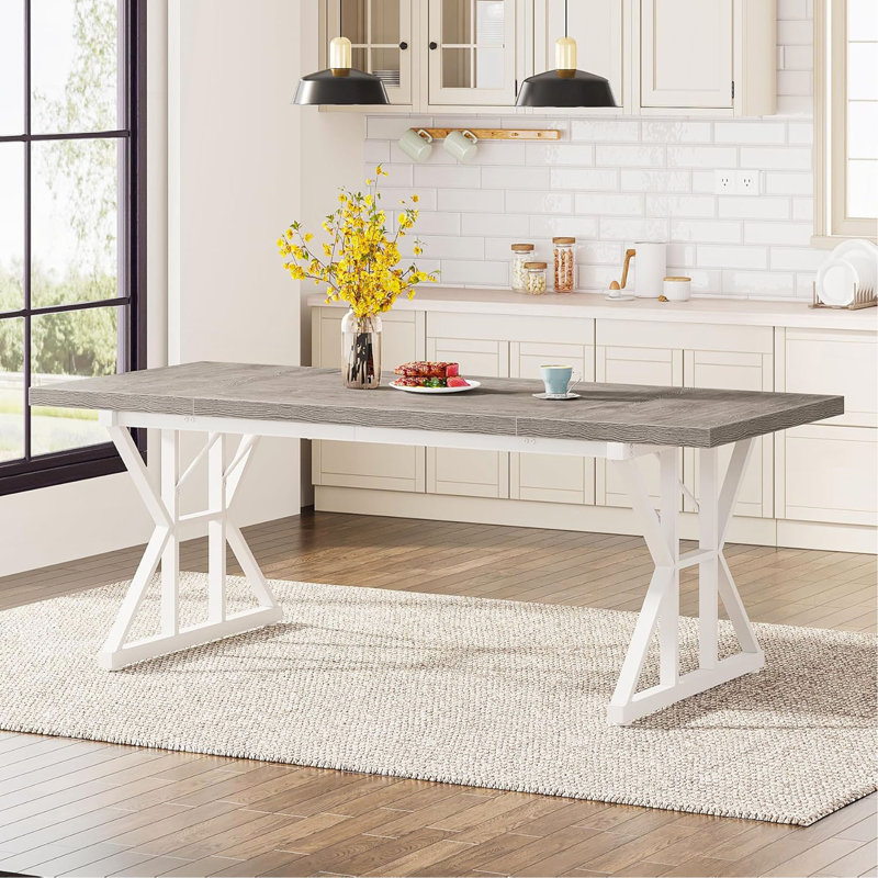 Table de cuisine rustique rectangulaire avec pieds en métal X-Trestle, Gris, Blanc