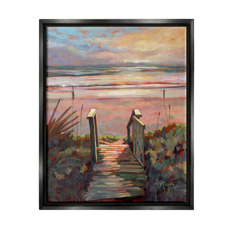 «Breakwater Bay Beach Shore Sunset Boardwalk Path» par Sue Riger, Cadre flottant noir de jais, H 21 po x l 17 po x P 1,7 po