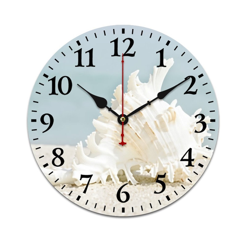 White Seashell Round Decor Wall Clock 12in x 12in, for Spa Room Small Yard