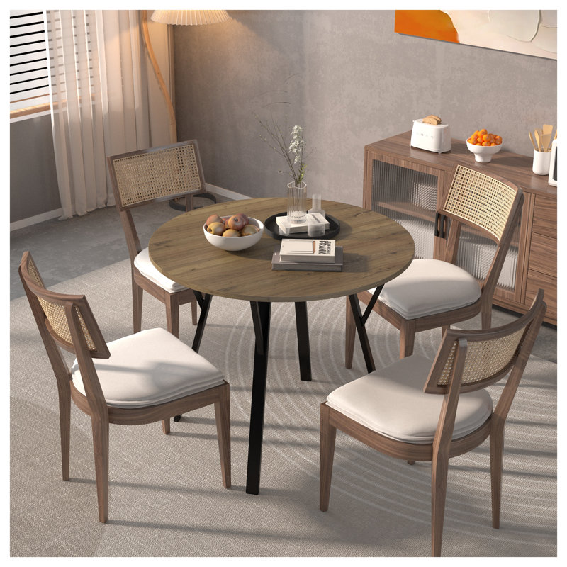 35.43" Round Dining Table with Metal Legs, Rustic Brown MDF Kitchen Table for Small Spaces