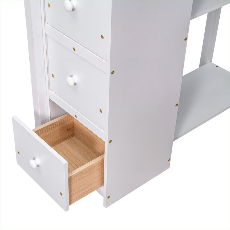 Lit mezzanine en bois massif, lit simple de petite chambre de couleur blanche avec tiroirs de rangement, bureau et escalier d'accès