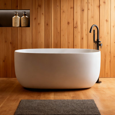 Freestanding Resin Stone Soaking Bathtub with Overflow and Pop-up Drain, Modern Solid Surface Design in White
